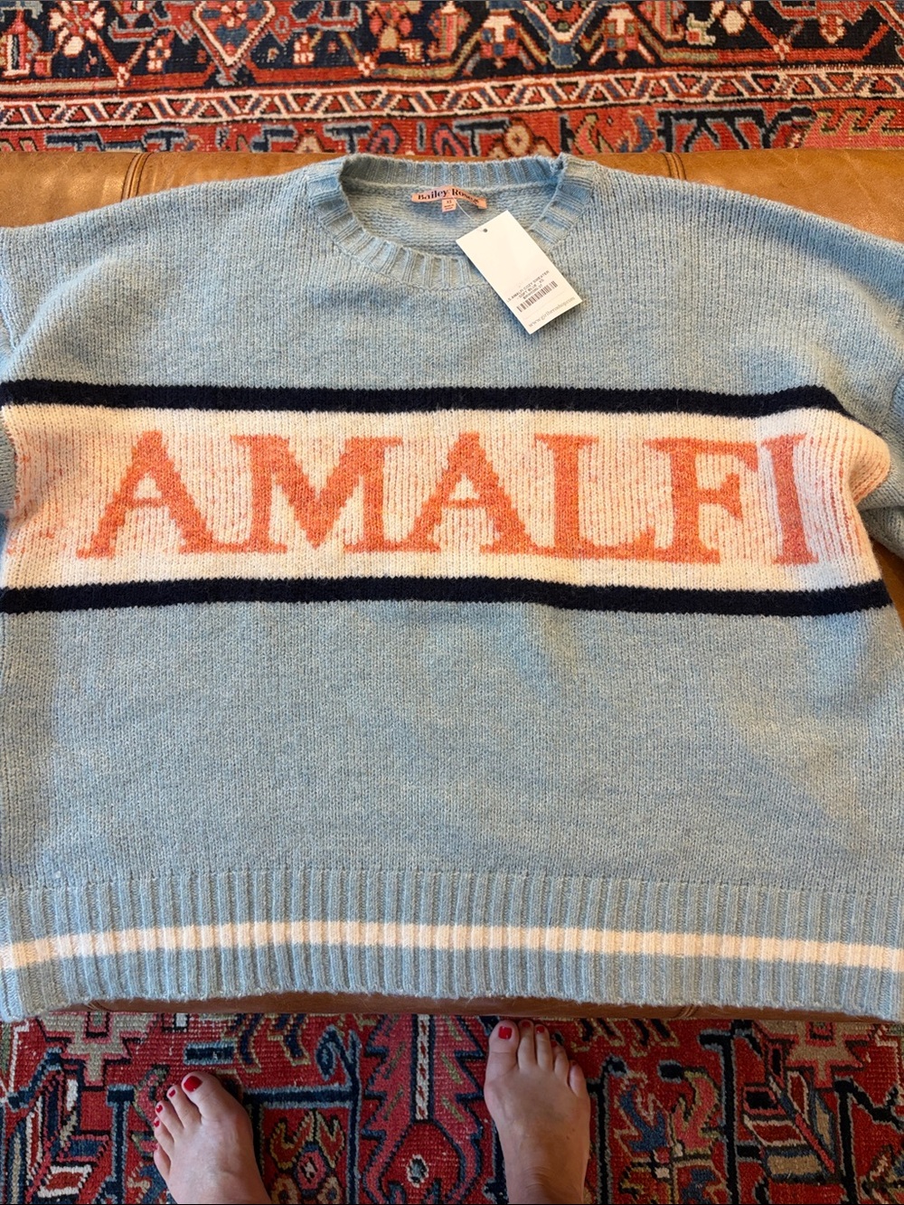 Amalfi Light Blue Crewneck Sweater with Coral Logo Stripe